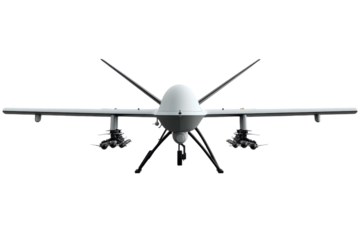 Military drone equipped with weapons ready for operation during daylight hours isolated on transparent background