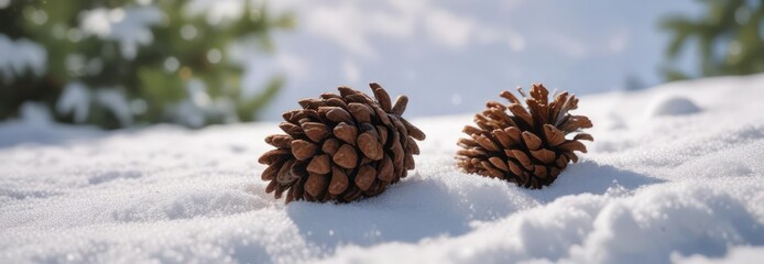 A pine cone partially buried under a layer of fresh snow, peaceful atmosphere, fresh snow, serene landscape