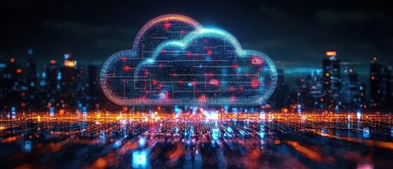 Fototapeta premium Digital Cloud Concept with Sharp Lines Urban Landscape Graphic Design Future Technology Nighttime Perspective
