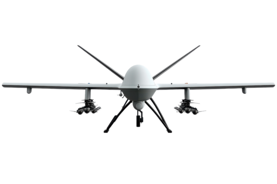 Military drone equipped with weapons ready for operation during daylight hours isolated on transparent background