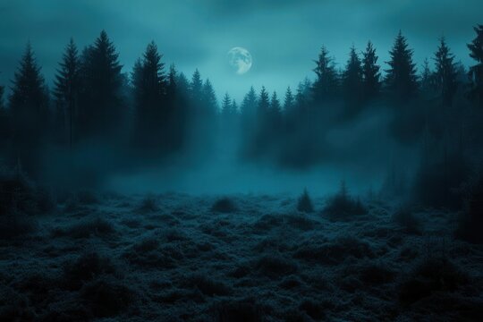 moonlit forest clearing where silver-eyed werewolves prowl through misty ancient trees, their silhouettes casting long shadows across frost-covered ground