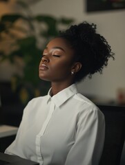 African american woman with closed eyes, deep breathing in a white shirt, office environment