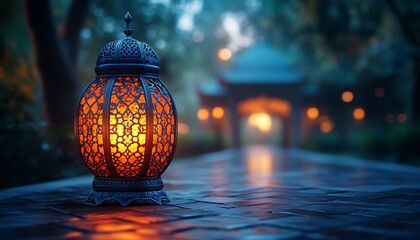 Fototapeta premium Ornamental Arabic lantern with burning candle glowing at night mosque background. Festive greeting card, invitation for Muslim holy month Ramadan Kareem.