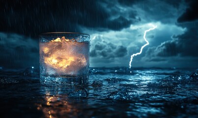 Stormy night, icy drink, glowing ice.