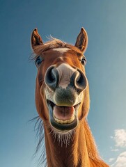 Fototapeta premium Happy brown horse with mouth open, smiling in the sunlight.