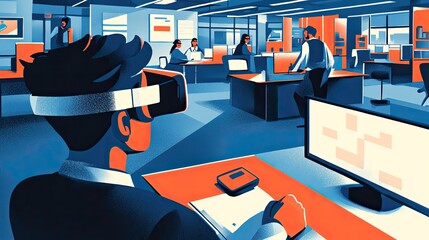 A man wearing virtual reality goggles, exploring a digital world, while colleagues observe in a tech-focused office.