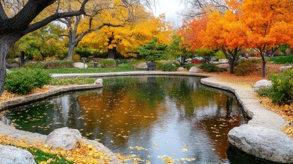 Autumnal Pond Scene With Golden And Orange Trees