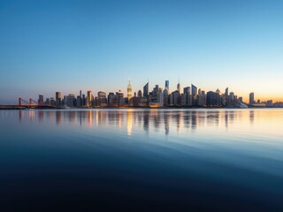 Obraz premium A panoramic view of the dusk skyline reflected in a calm and peaceful metropolitan bay, nightfall, quiet, urban