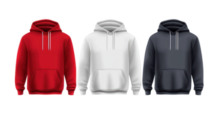 Three stylish hoodies in red, white, and black, designed for comfort and casual fashion. Perfect for everyday wear or layering in cold weather.