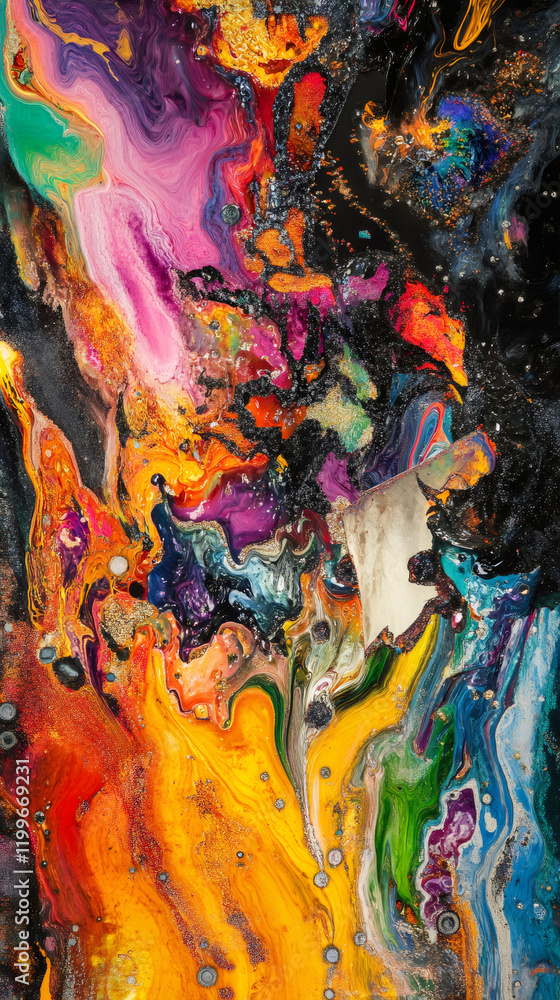 Poster Fluid art painting mixing acrylic colors with glitter, creating unique textures, patterns, and color gradients, perfect for backgrounds and modern art projects