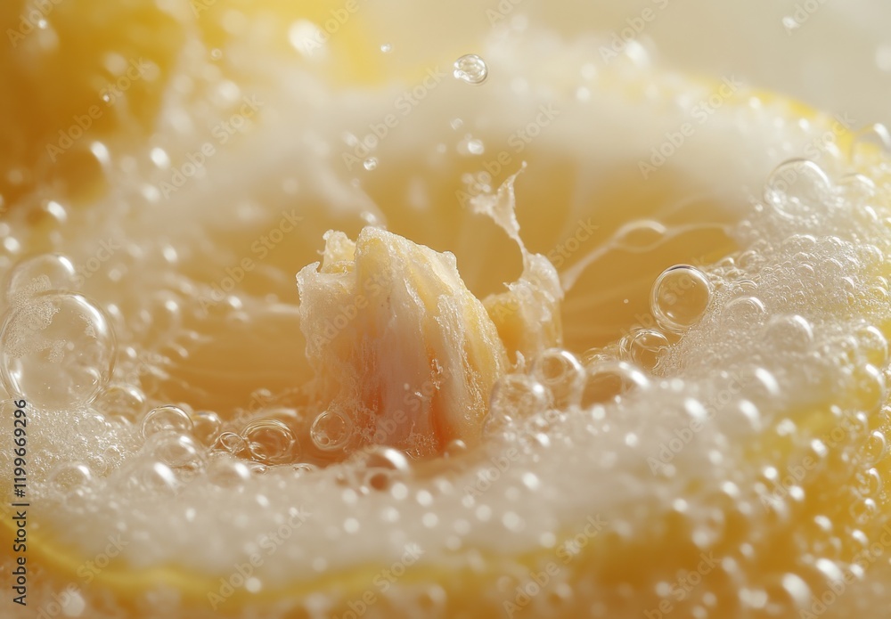 Poster close-up of lemon slice with bubbles in clear liquid, showcasing freshness and zest in a refreshing 