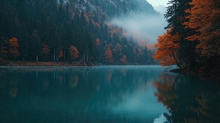 Serene Autumn Lake Nestled Among Misty Mountains