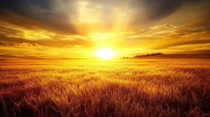 Obraz premium Golden Sunset Over a Wheat Field Landscape