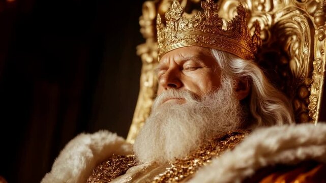 Man with white beard in golden crown sits on throne with eyes closed. Portrait. Concept of history, monarchy, storytelling. Medieval or Christmas story. For intro, outro, background