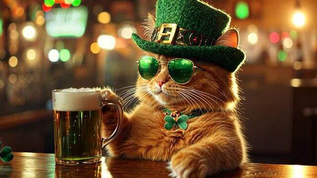 Ginger cat in green leprechaun hat and sunglasses holding beer with shamrocks at a pub on st. patrick's day - festive celebration atmosphere