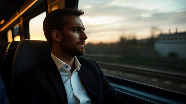 young man businessman in suit with beard riding high-speed modern train and looking out the window. concept of business meetings or trips