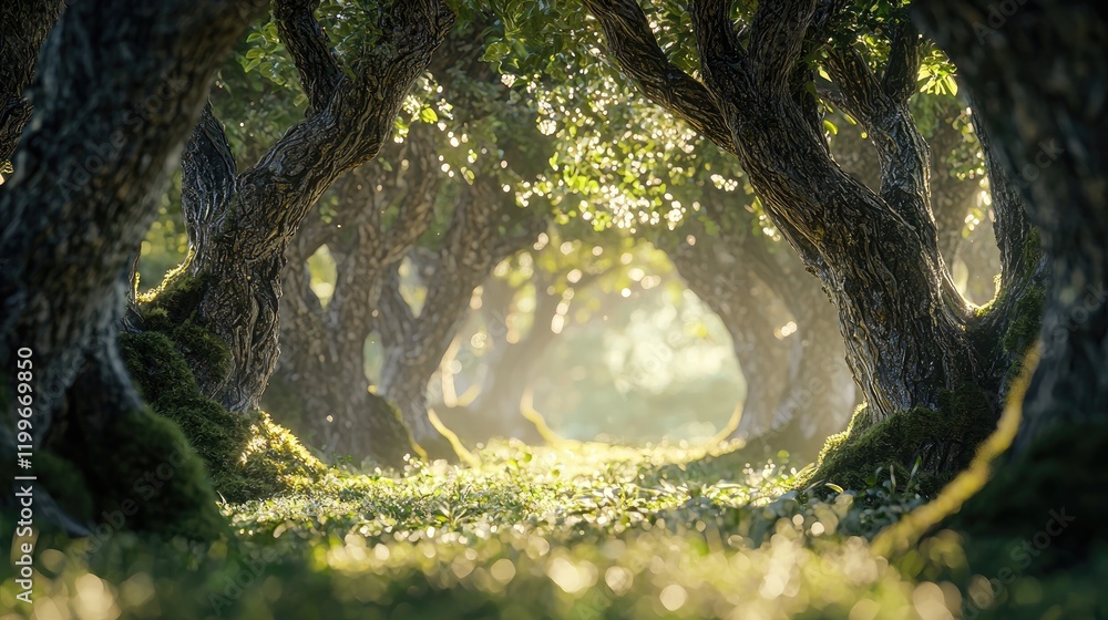 Poster sunlit path through ancient trees mystical forest scene