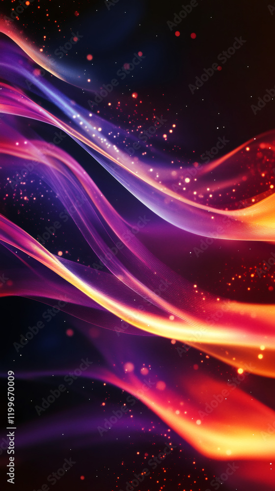 Aufkleber Vibrant wavy patterns swirling across dark backdrop, featuring luminescent particles, perfect for digital design and visual branding
