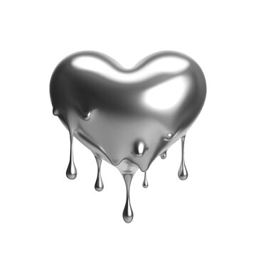 3D chrome glossy heart with silver dripping liquid effect. Isolated vector in retro-futuristic Y2K style for Valentine's Day, love and romantic designs. Ideal for posters, prints and social media