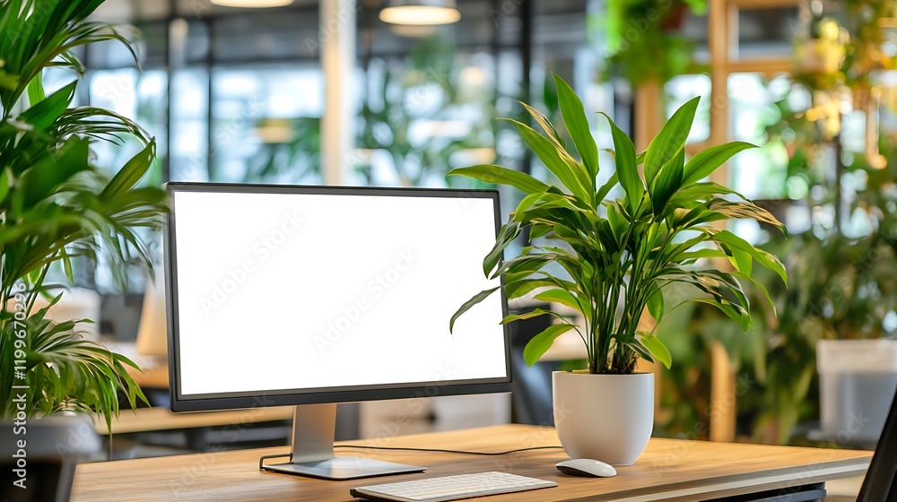 Poster modern office workspace with blank computer screen and lush greenery