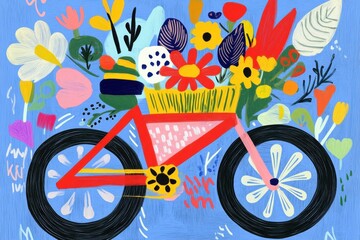 Fototapeta premium Vibrant floral bicycle illustration on blue background with abstract flowers