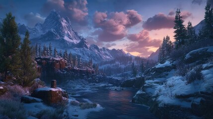 Serene Winter River Valley Mountain Sunset Scene