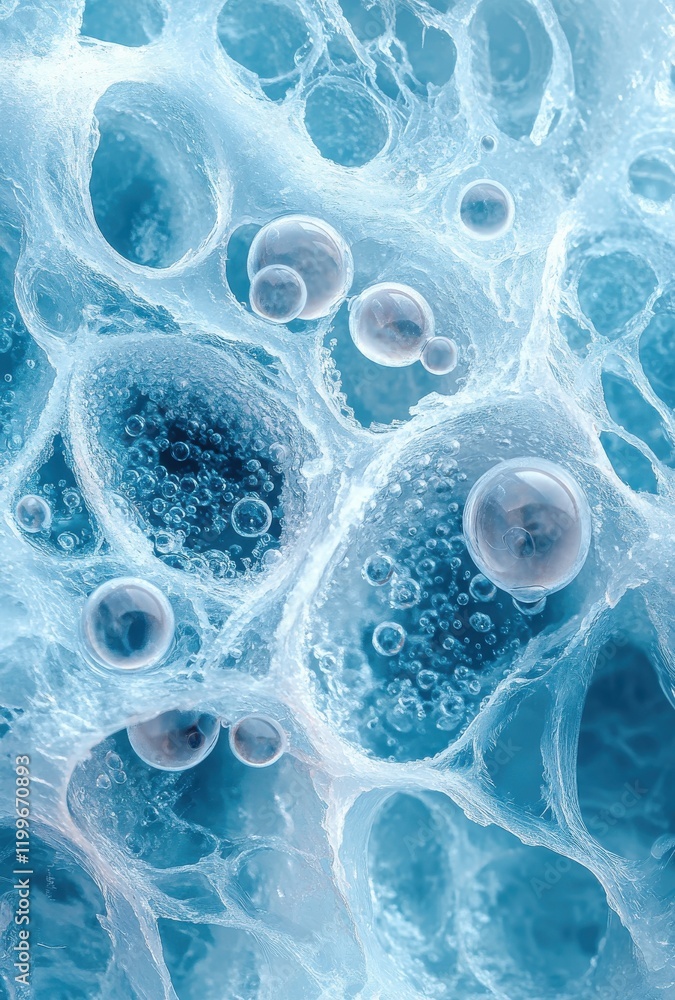 Poster close-up view of bubbles and textured surface in aqua blue foam, showcasing intricate details and un