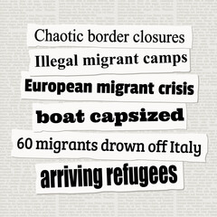 European migrant and refugee crisis. News headlines from newspapers.