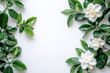 Naklejka premium Elegant Gardenia Blossom: Pure White Flower with Lush Green Leaves on White Background spa bloom 