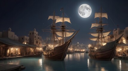 Fototapeta premium Peaceful Night at the Harbor with Reflective Waters