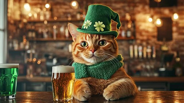 Ginger cat in green leprechaun hat and scarf with beer on bar counter celebrates st. patrick's day in rustic pub setting