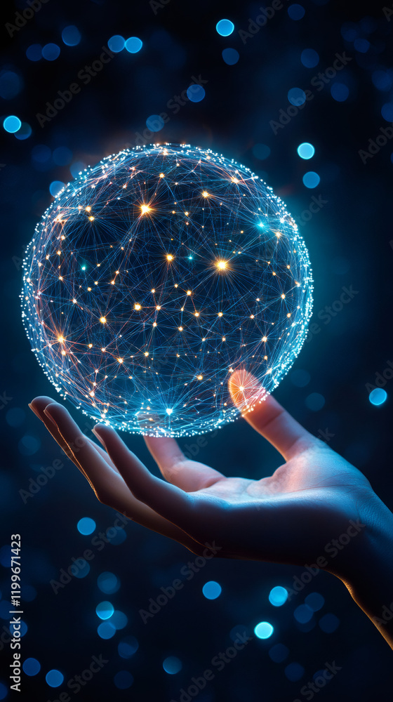 Poster hand grasping illuminated digital sphere symbolizing worldwide connectivity, tech innovation, and gl