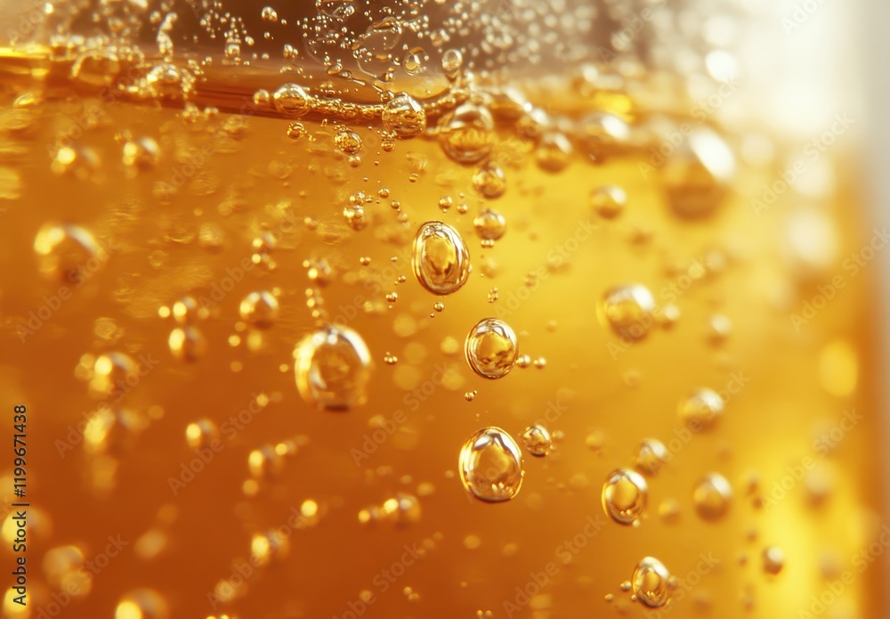 Poster close-up view of carbonated beverage with bubbles rising in golden liquid capturing refreshing and i