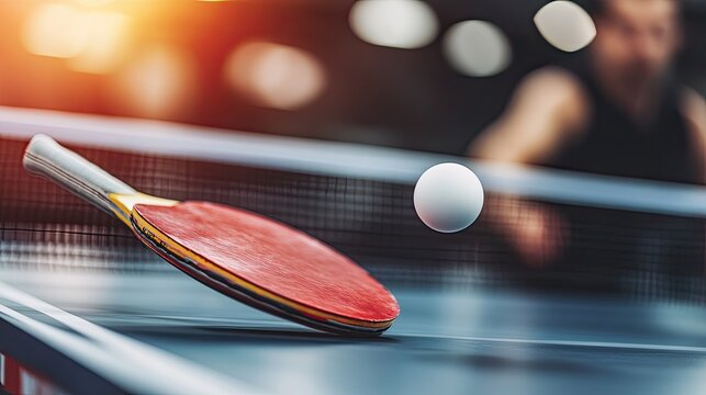 A table tennis player serving the ball, captured mid-serve, with focus on the paddle and ball, while the opponent waits on the other side. - Powered by Adobe