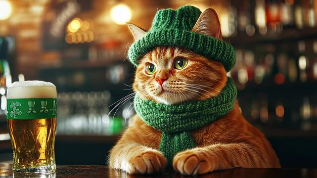 Adorable ginger cat in green hat and scarf celebrating st. patrick's day with beer at cozy pub