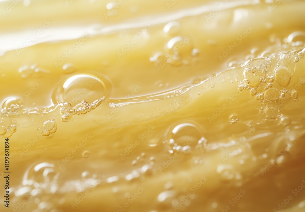Poster close-up view of fine bubbles in viscous liquid surface, showcasing a soft yellow texture with natur