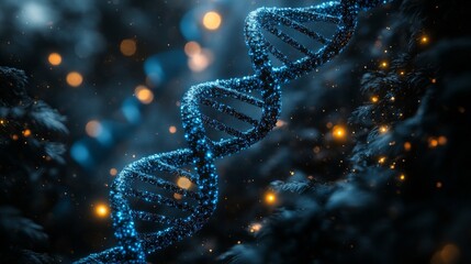Glowing blue DNA helix strand against dark background with bokeh lights.