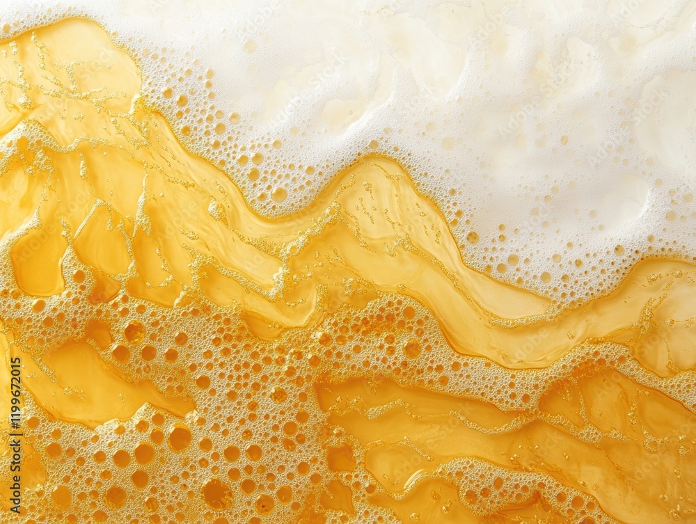 Poster close-up view of golden beer foam and bubbles, capturing the texture and color of refreshing beverag