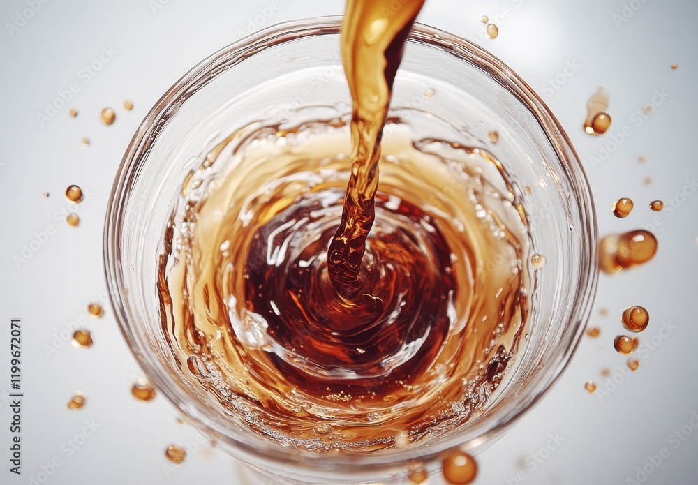 Poster close-up view of liquid pouring into a glass with splashes, capturing the dynamic movement and rich 