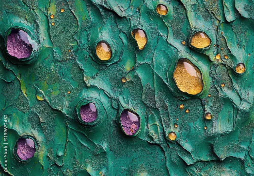 Poster close-up view of textured abstract surface with droplets reflecting different colors, featuring lush
