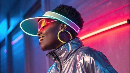 A dynamic portrait of a person wearing a futuristic visor that glows with multiple colors providing a vivid contrast to their shimmering silver jacket. They have a playful