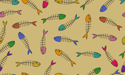 Colorful hand drawn seamless fish bone pattern background vector illustration