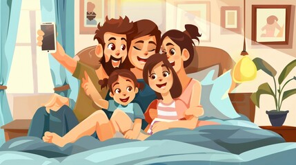 Cheerful Family Capturing Memories Together at Home in Cartoon Style Vector Illustration