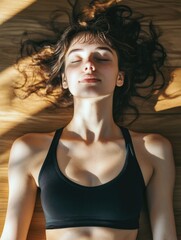 Obraz premium Female athlete wearing a black sports bra, lying down on the floor with hands behind her head and eyes closed, possibly meditating or resting.