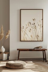 Modern living room with a floating shelf and landscape print, enhancing natural decor.