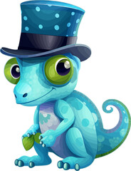 Playful chameleon in a polka-dot top hat, perched and looking curious. Vector illustration.