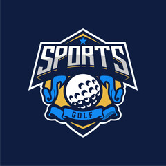 Badge emblem golf club, golf championship logo with golf ball and crossed golf sticks vector