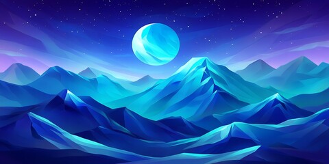 Obraz premium Stunning Low Poly Blue Mountain Range Landscape with Night Sky and Large Moon