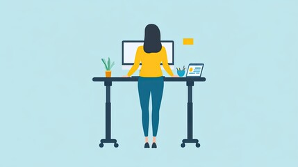 A young professional with a standing desk, working with a desktop monitor and digital devices.