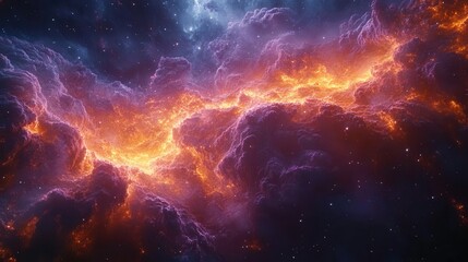 Obraz premium A vibrant cosmic scene with swirling clouds of gas and bright bursts of orange and yellow, depicting the beauty of the universe.
